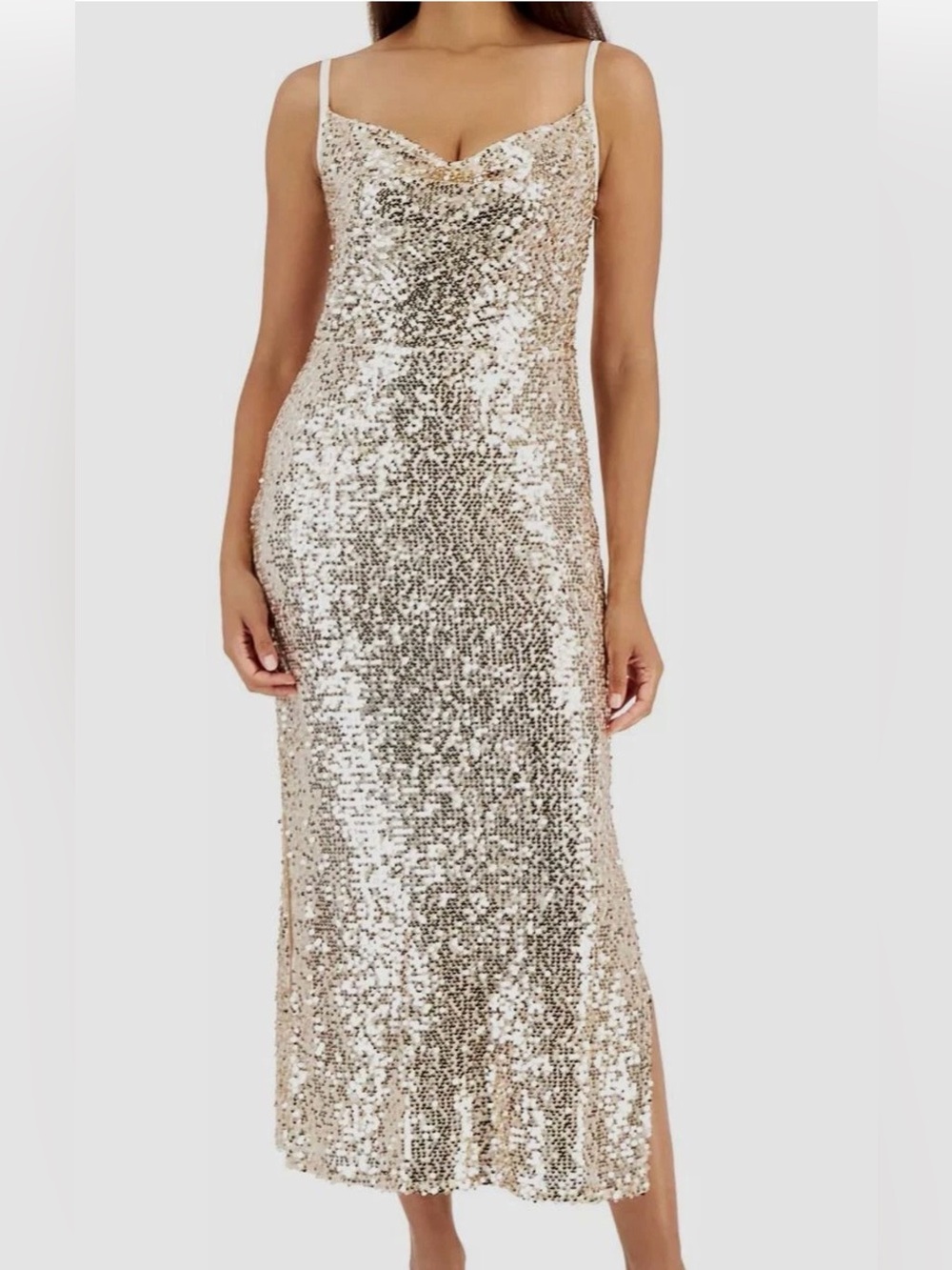 NWT Taylor Gold Sequin Cowl Neck Dress
